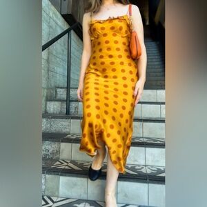 Reformation Mustard Satin Polka Dot Midi Dress